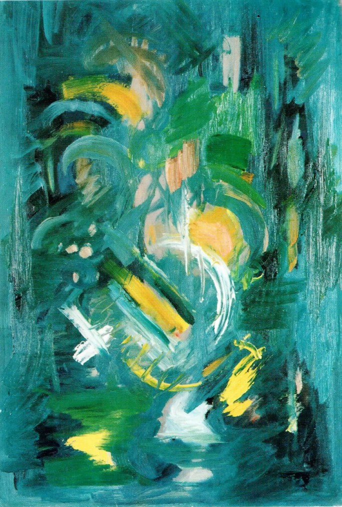 36 Nurettin Ergüven, Yeşilli Kompozisyon, 41x60 cm, Duralit Üzerine Yağlıboya