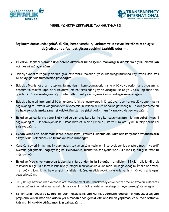 Yerel Yönetim Şeffaflık Taahhütnamesi