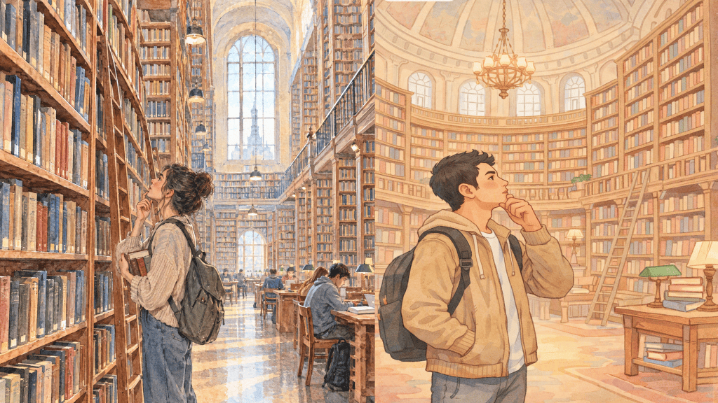 Büyük bir kütüphanede kitap raflarının önünde duran bir kadın ve bir erkeğin tasviri. Kadın, kitaplara bakarken düşünceli bir ifade takınmış; erkek ise rafların arasında duruyor ve düşünceli görünümde. Arka planda, masalarda çalışan insanlarla dolu geniş bir kütüphane alanı var.